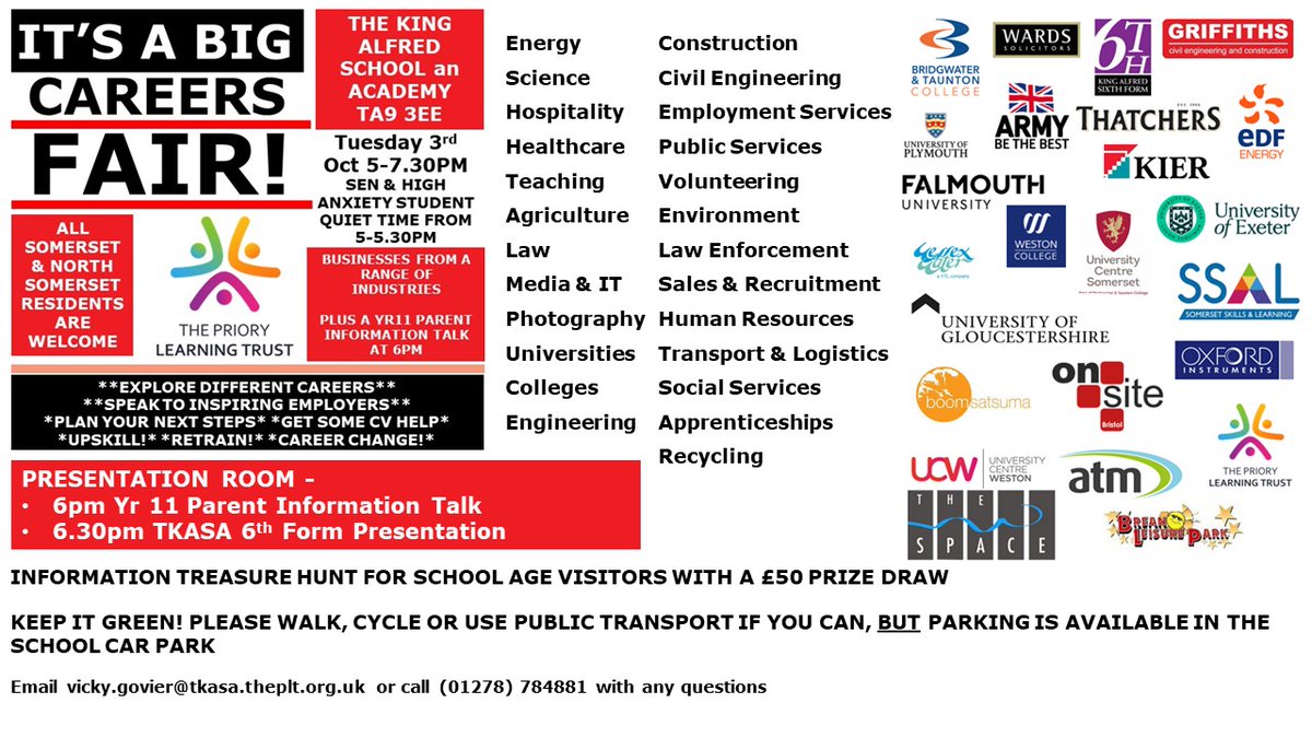 Please don't forget we are hosting a Careers Fair at The King Alfred School Academy on October 3rd. Some great businesses, universities, colleges and more. Open to EVERYONE because it is good to share. Please pop along.....you would be very welcome, just turn up and get involved!