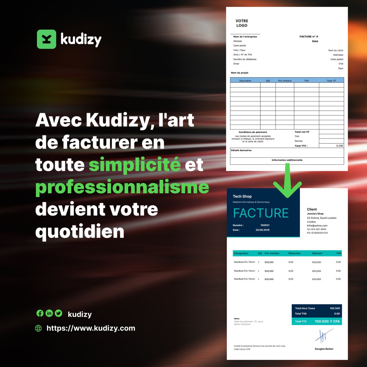 KudizyApp's tweet photo. 𝐊𝐮𝐝𝐢𝐳𝐲 révolutionne la manière dont vous facturez. Notre approche associe simplicité et professionnalisme pour vous offrir une expérience de facturation inédite. #Kudizy #facturationpro #gestionfinanciere #professionnalisme https://t.co/Skbc5iZLZ5