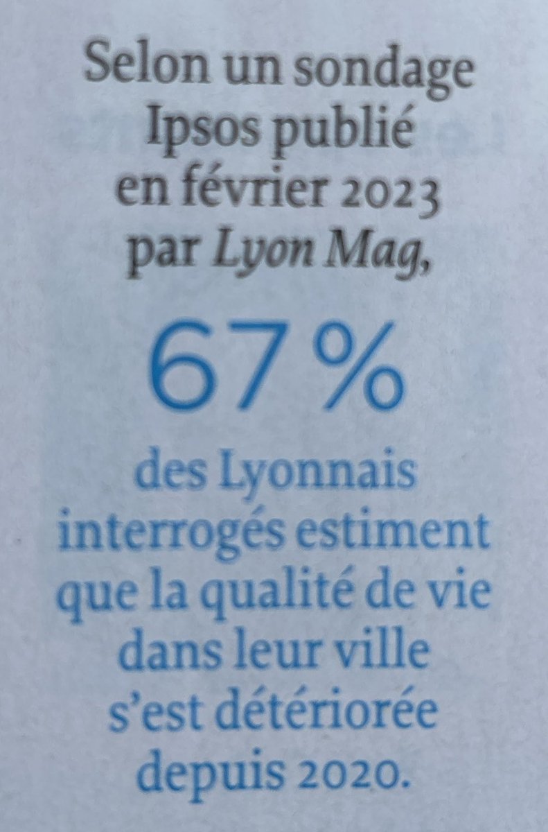 bdemontille's tweet image. Le verdict est sévère : 

Plus de 2 Lyonnais sur 3 estiment que la #QualitédeVie a baissé à #Lyon en 3 ans depuis le début du mandat des écologistes selon ⁦@IpsosFrance⁩.

Travaillons ensemble pour proposer un projet audacieux à TOUS les Lyonnais ! 

@LePoint⁩
⁦