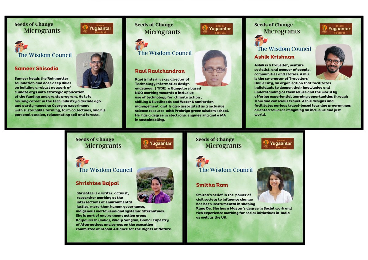 What a fantastic wisdom council we have this year at Seeds of Change! The wisdom council members bring with them extensive experience in socio-eco entrepreneurship, deep knowledge of grassroots initiatives and a keenness to engage with youth. forms.gle/cTmHs6fJa3mnkg…