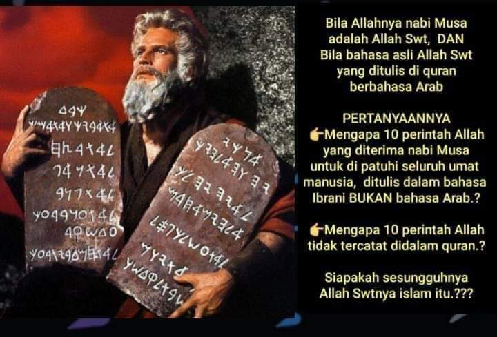 Mundiwangi4's tweet photo. Kata ustad..Musa beragama Islam.. percaya Alloh SWT... kenapa 10 perintah Tuhan engga ada di Qur'an ?
10 perintah Tuhan kenapa tidak pakai bahasa  arab ? https://t.co/3e76kvOPzz