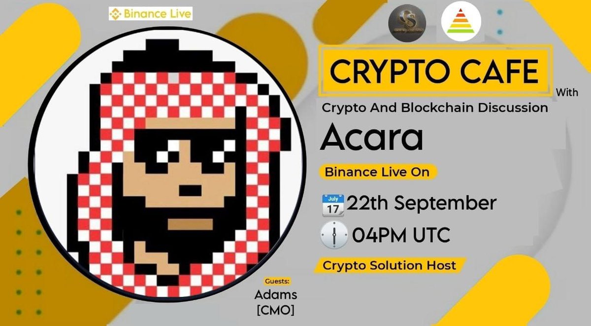 Crypto Solution (@cryptosolutiong) on Twitter photo 🔊 #BinanceLive Crypto Solution Glad To Announce the Crypto Cafe with Acara
⏰ Date & Time: 22/09/23 AT 04 PM UTC
💰Rewards Pool: $100 USDT
🏠Venue: binance.com/en/live/video?…
〽️Rules:
1⃣ Follow : <a href="/acaradao/">Harry James</a>
2⃣ Like & Retweete
3⃣ Comment Questions & Tag 3 Friend 🔊 #BinanceLive Crypto Solution Glad To Announce the Crypto Cafe with Acara
⏰ Date & Time: 22/09/23 AT 04 PM UTC
💰Rewards Pool: $100 USDT
🏠Venue: binance.com/en/live/video?…
〽️Rules:
1⃣ Follow : <a href="/acaradao/">Harry James</a>
2⃣ Like & Retweete
3⃣ Comment Questions & Tag 3 Friend