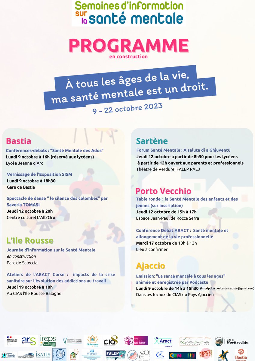 🍀Les Semaines d'Information sur la Santé Mentale débuteront le 9 octobre, retrouvez le pré programme 🔽
Nous travaillons encore sur de nouvelles actions, restez connectés ! 

#SISM2023 #SanteMentale #Corse
