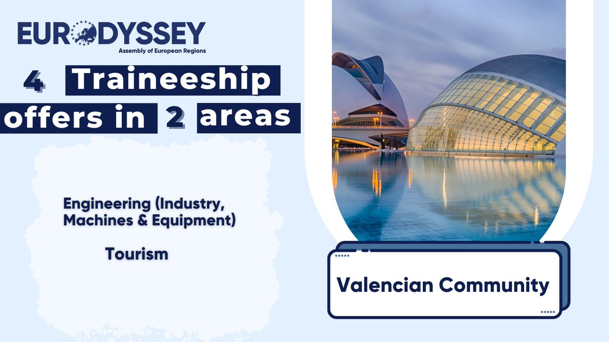 Ready to grow your professional skills in a new, international environment? 🌍
The Valencian Community is offering 4 new #paidinternships in #engineering and #tourism for 🇬🇧 & 🇪🇸 speakers
Apply now & get the chance to learn, excel, and immerse in the vibrant culture of #Valencia