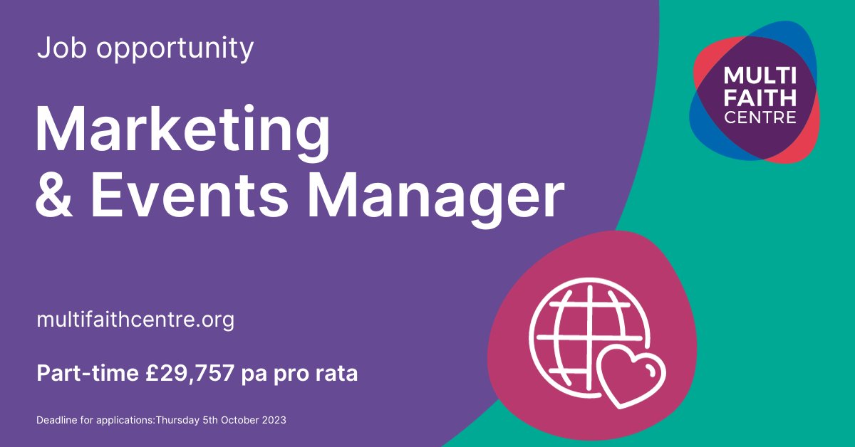 The Multi Faith Centre is recruiting for a part-time Marketing &amp; Events Manager, a creative thinker who shares our values and commitment to taking the Multi Faith Centre forward on the next stage of it's exciting journey.
More details:
multifaithcentre.org/news/job-vacan…