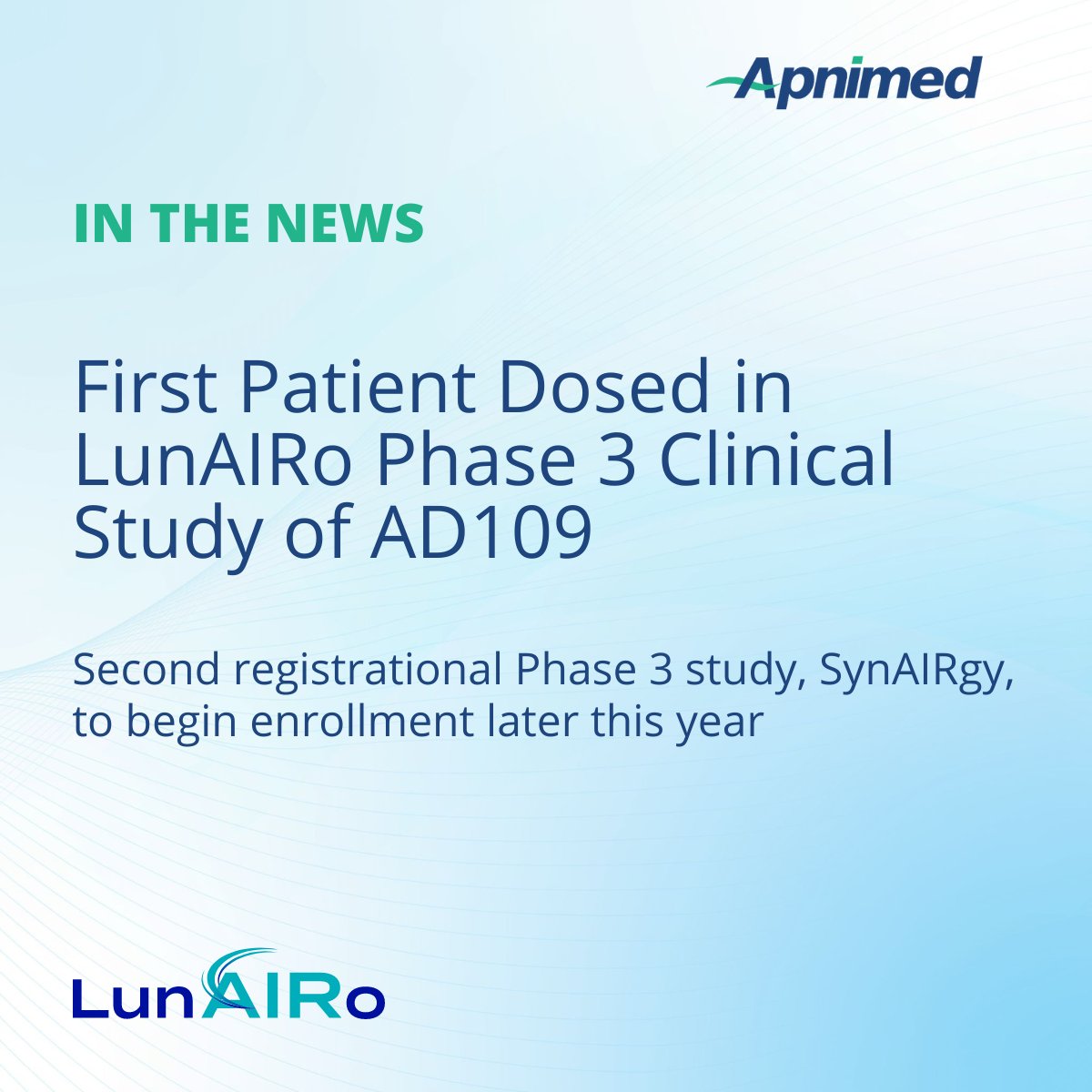 apnimed's tweet photo. #BreakingNews: Today, we announced the 1st patient dosed in the Ph 3 LunAIRo #clinicaltrial designed to examine the efficacy &amp; safety of AD109 vs. placebo in a broad range of people w/ #OSA. Details: https://t.co/aWQKC2jNQj #obstructivesleepapnea #sleepdisorders https://t.co/rkECzujIOg