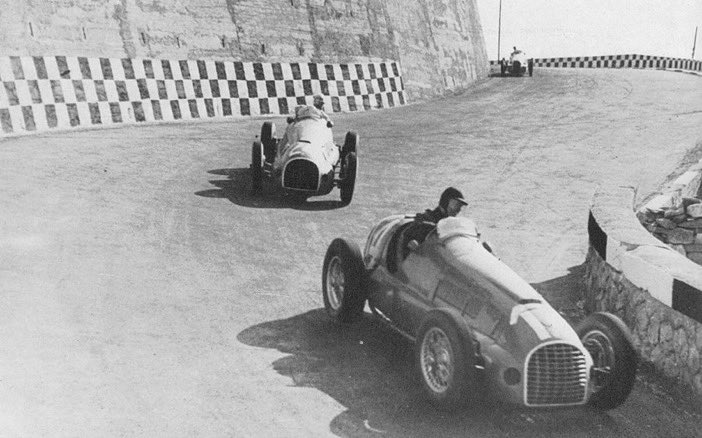 Remembering Peter Whitehead, capable privateer Ferrari, Alta &amp; Cooper racer, who died alongside his brother Graham who crashed their Jaguar in the #TourDeFrance #OnThisDay in ’58. Graham survived. Pic: Peter Whitehead leads Raymond Sommer in their Ferraris in the ’49 #SanRemoGP.