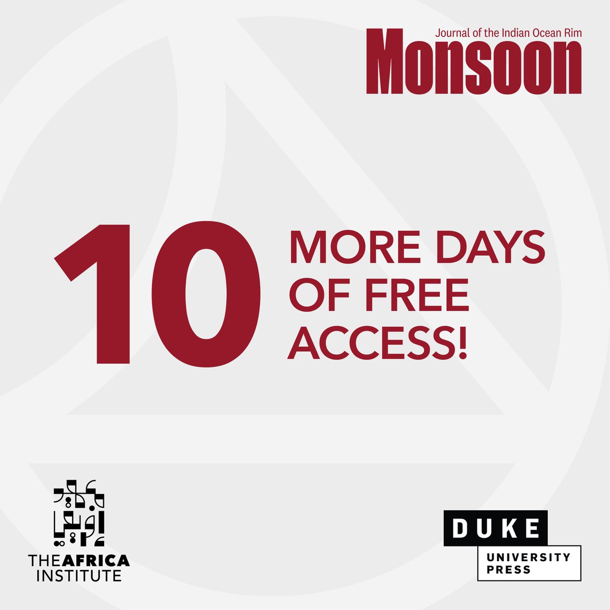 Monsoon: Journal of the Indian Ocean Rim (@monsoon_journal) on Twitter photo 🚨 Only 10 days to go! Don't miss your chance to avail FREE access to the first issue of <a href="/Monsoon_Journal/">Monsoon: Journal of the Indian Ocean Rim</a> published by <a href="/DukePress/">Duke University Press</a> and <a href="/theafricainst/">The Africa Institute</a>. Explore a world of insightful scholarly articles covering diverse topics. Access ends on Sep 30!
theafricainstitute.org/institute-publ… 🚨 Only 10 days to go! Don't miss your chance to avail FREE access to the first issue of <a href="/Monsoon_Journal/">Monsoon: Journal of the Indian Ocean Rim</a> published by <a href="/DukePress/">Duke University Press</a> and <a href="/theafricainst/">The Africa Institute</a>. Explore a world of insightful scholarly articles covering diverse topics. Access ends on Sep 30!
theafricainstitute.org/institute-publ…