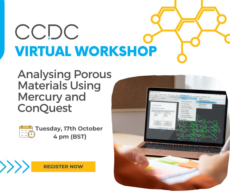 Explore metal-organic frameworks (#MOFs) and porous materials in our free Virtual Workshop! Join us to learn about CSD Software tools that enhance visualization and analysis using ConQuest and Mercury. 
🗓️ Tuesday, 17th October - 4 pm (BST)
 
Register hubs.ly/Q021CJr70