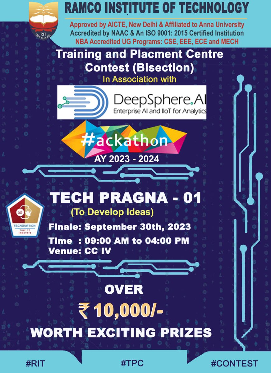 DeepsphereAI's tweet photo. https://t.co/lX3FFPQnbo is thrilled to announce our collaboration with Ramco Institute of Technology for an exhilarating Hackathon!
#DeepsphereAI #Hackathon #Innovation #AI #Technology #TechEvent #RamcoInstituteOfTechnology https://t.co/UrXZmAehVw