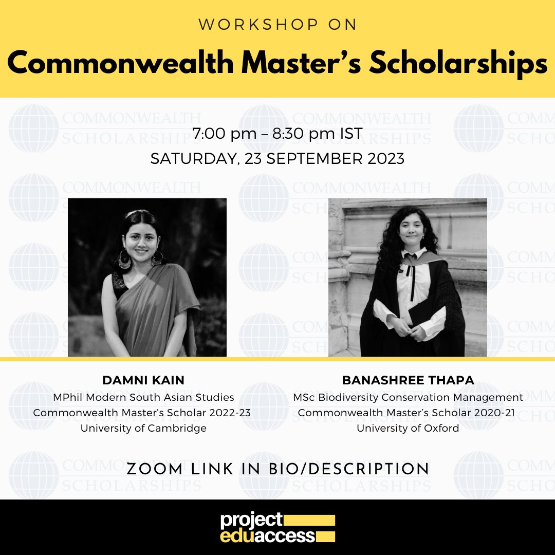 Workshop on Commonwealth Master’s Scholarships

🗓️ Saturday, 23 September 2023 | 
⏰  7.00 PM – 8.30 PM IST
🔗 Join here: rhodeshouse-ox-ac-uk.zoom.us/j/87367796112

An opportunity to pursue one year, fully-funded master’s in the UK.