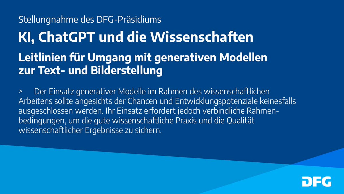 Nach Ansicht des #DFG-Präsidiums verändern #KI-Technologien und generative Modelle zur Text-/Bilderstellung den wissenschaftlichen Arbeitsprozess erheblich - und werden bereits vielfältig eingesetzt. Es gelte daher, Prinzipien zu folgen. Mehr dazu➡️dfg.de/service/presse…