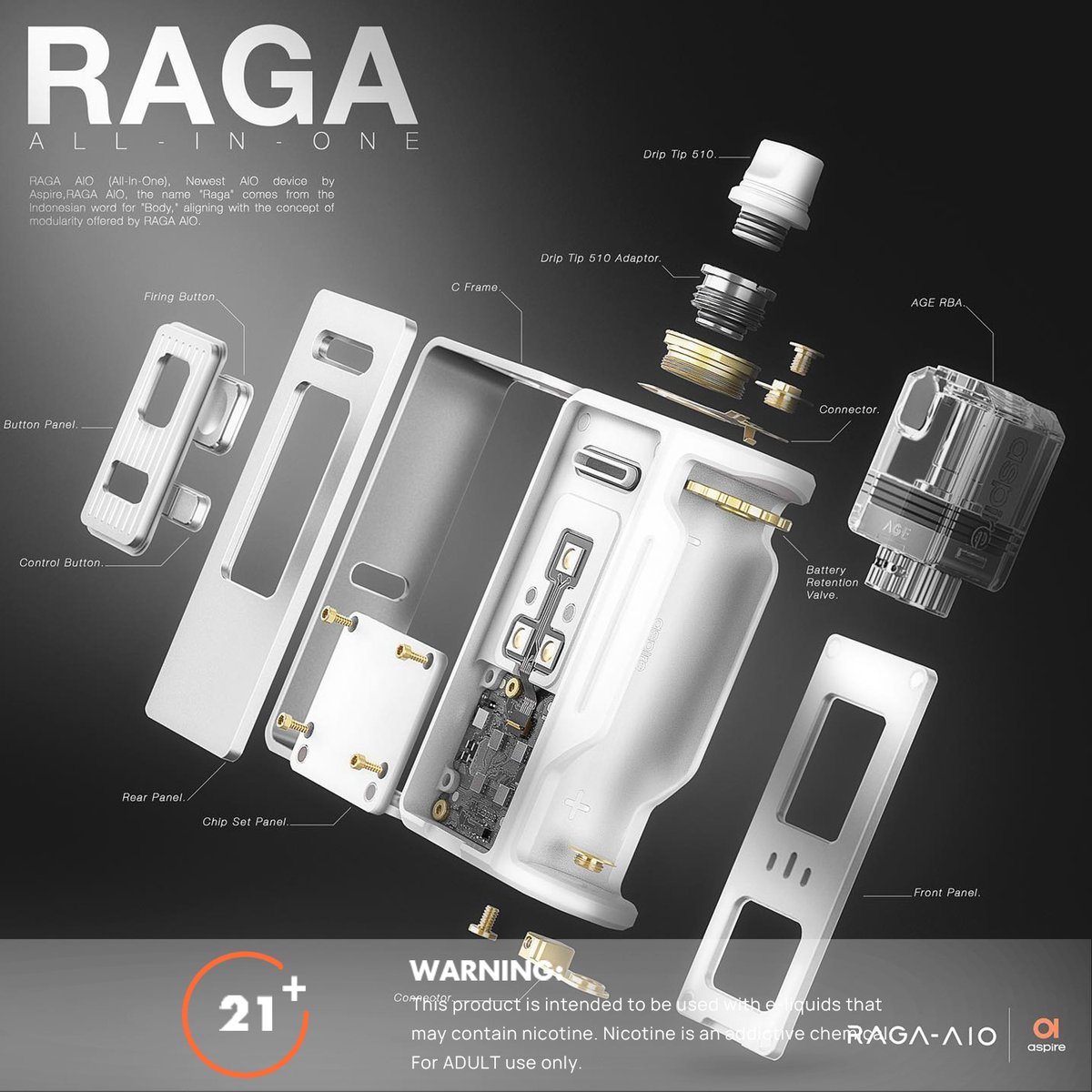 RAGA AIO全体は簡単に分解できるように作られており、24Kゴールドメッキで飾られた金属部品が大きな存在感を示しています。
aspirecig.com/raga-series/ra…
.
.
#ragaaio #aspireragaaio #aspireaio #電子タバコ #VAPE
警告：20歳以上の成人のみご利用できます