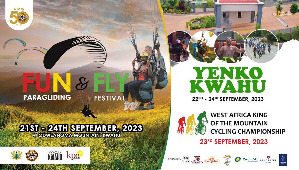 ghanatourismGTA's tweet photo. Yenko Kwahu Paragliding Festival is on. Join us.
Click to download brochure:
https://t.co/8puR42ampI
Register for Paragliding: https://t.co/pzpyUtYzyw
#You2CanFly #ExperienceGhana #ShareGhana #FunNFlyParaglidingFestival #Kwahu https://t.co/EXJ83iMU7w