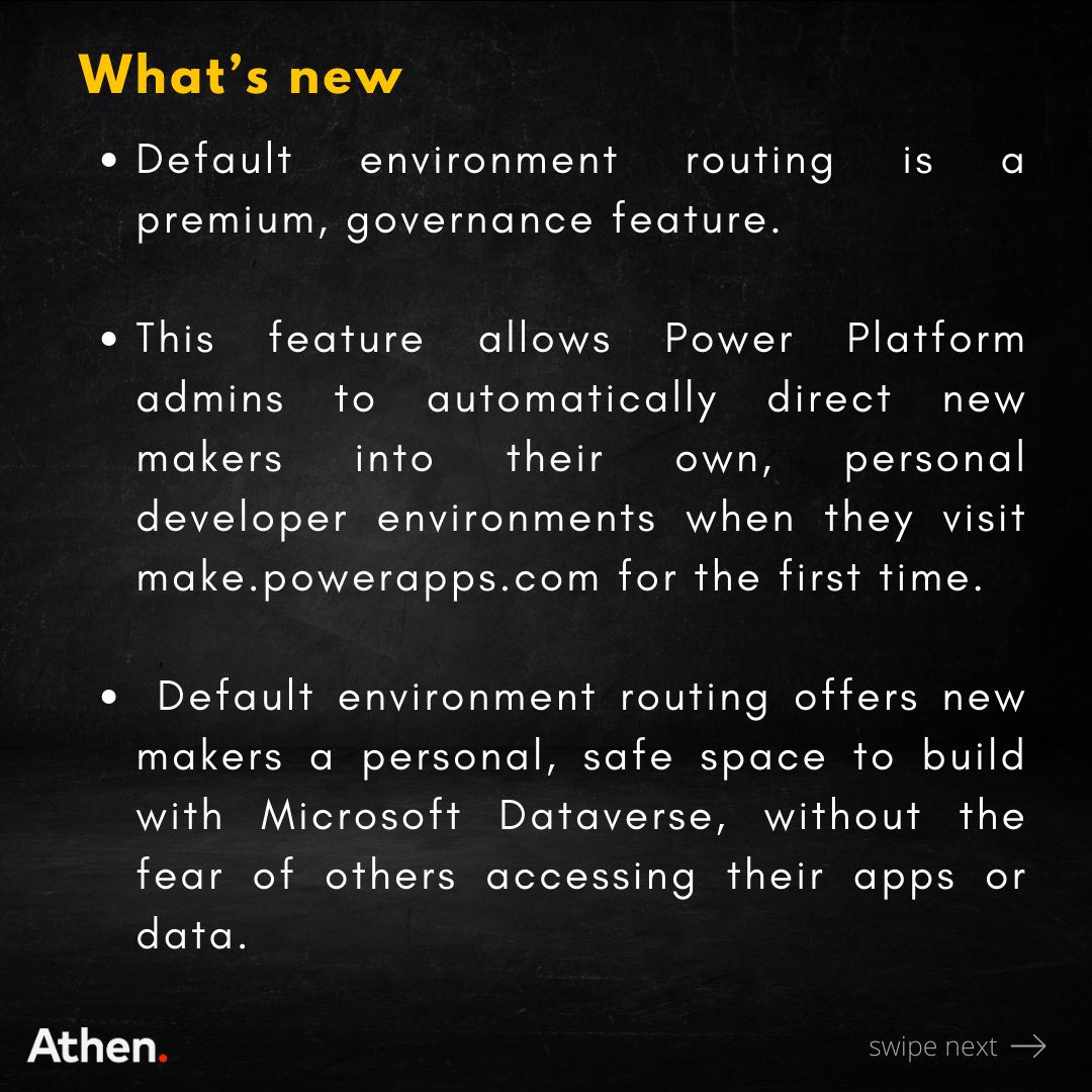 WeAreAthen's tweet photo. Introducing Default Environment Routing in Power Platform!

Now, new creators get their own safe haven for app development. Learn how this premium feature boosts productivity and security.

#microsoft #powerplatform #appdevelopment #innovation #techbits #athentechboits https://t.co/rxraVq2E7H