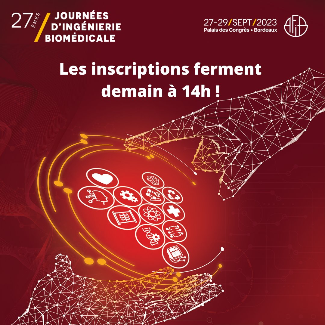 🚨 Les inscriptions au Congrès AFIB 2023 se terminent DEMAIN à 14h00 !

C’est par ici 👉 bit.ly/3qza0Gu

-  3 jours d’échanges, de rencontres et de partages d’expérience
-  7 plénières et 35 ateliers
-  130 industriels

#biomedical #ingebio #sante #afib2023