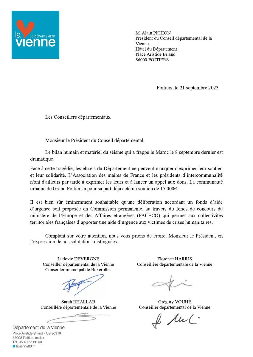 Suite à la tragédie que vit le Maroc depuis le 8 septembre dernier, nous avons écrit au Président du Département de la Vienne afin de demander une aide exceptionnelle. Retrouvez notre courrier ci-dessous :