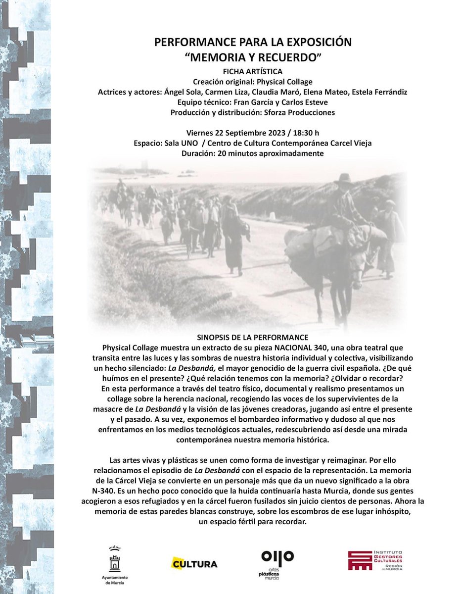 culturalrm's tweet photo. 🏛️ Acabamos la semana con dos eventos en torno a la exposición de ‘Memoria y recuerdo’ en la Cárcel Vieja de Murcia.

➡️ Jueves 21/09 a las 19:00 Mesa Redonda: ‘Mujer, memoria y retrato social’.

➡️ Viernes 22/09 a las 18:30 Performance de @physicalcollage 

¡Os esperamos! https://t.co/gLbNGXJZ8k