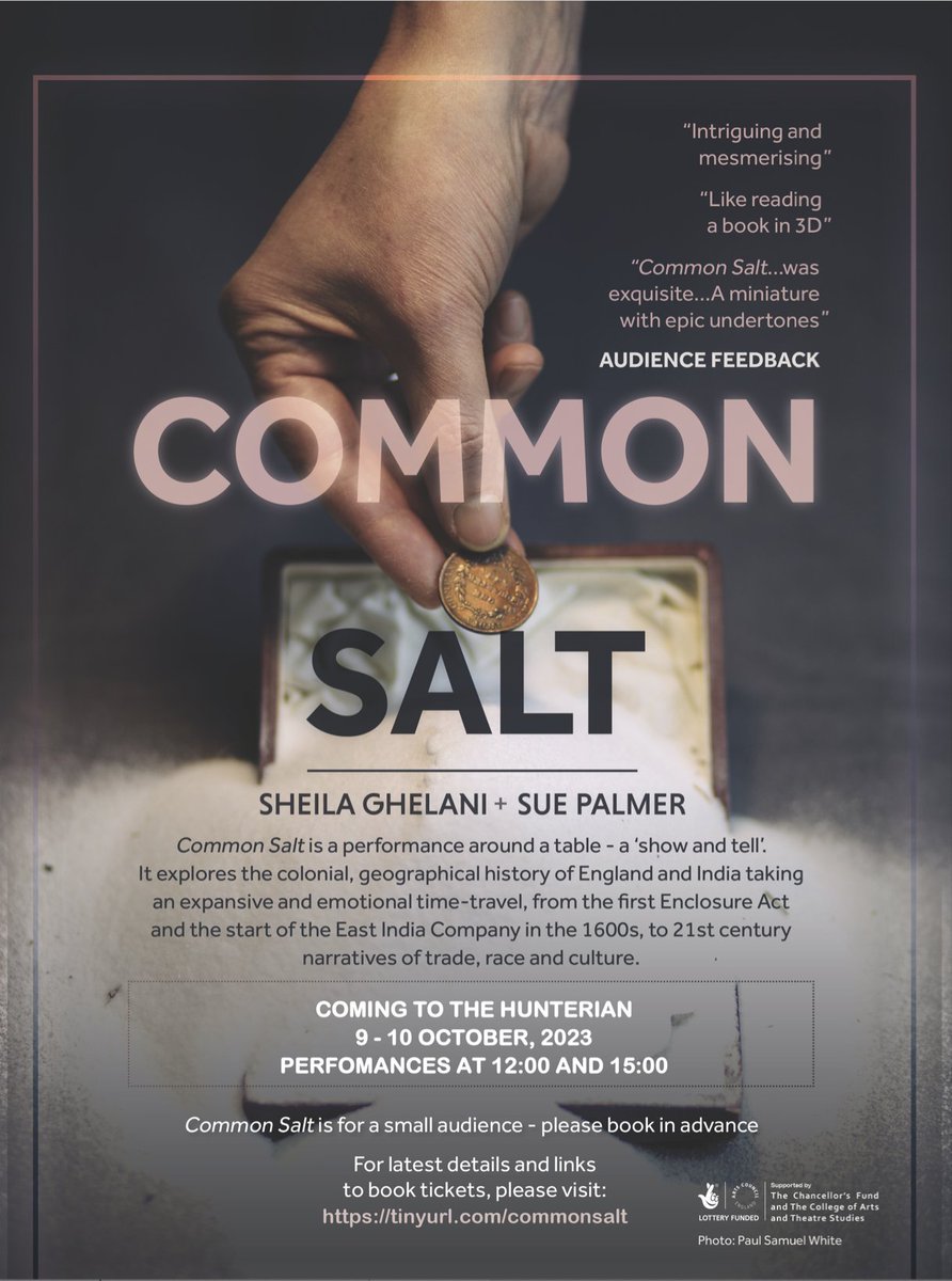 Sheila Ghelani and Sue Palmer's Common Salt - a miniature epic performed around a table - is coming to the Hunterian at @UofGArtsHums in October. It's for a small audience so grab a ticket while you can: tinyurl.com/commonsalt