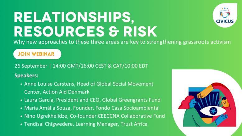 Our Learning Manager Tendisai Chigwedere is looking forward to the @CIVICUSalliance webinar next week on 26 Sept @ 16h00 SAST/10h00 EDT. 3 Rs in strengthening grassroot activism: Relationships, Resources & Risks. Let's talk! Register here to join the convo web.civicus.org/join