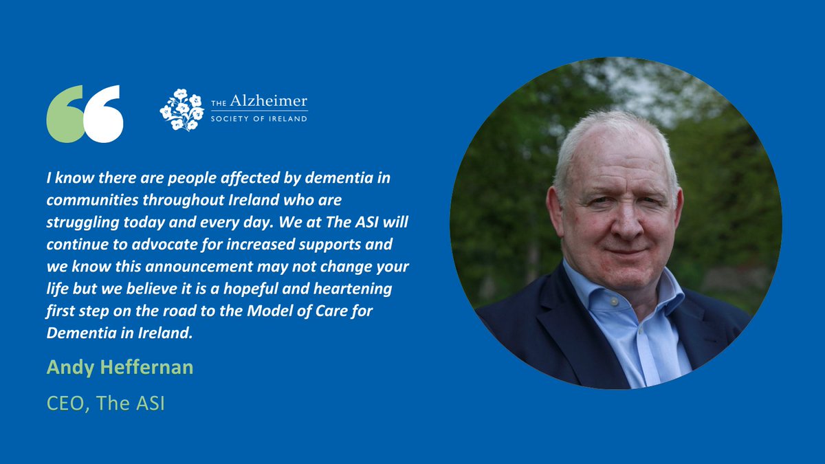 alzheimersocirl's tweet photo. Statement from our CEO @andrewmheff :   

The Alzheimer Society of Ireland welcomes the announcement from Minister for Mental Health and Older People @MaryButlerTD, today, regarding funding for the development of Memory Services across Ireland.   

There is significant evidence that diagnosis at a Memory Clinic enhances the journey of dementia and ensures signposting to appropriate services. Timely diagnosis is an ongoing issue for people living with dementia and this is of increased importance with the recent development of disease modifying therapies which require early diagnosis.  

Most importantly for our organisation this announcement is evidence of robust funding for a critical element of the Model of Care for Dementia in Ireland. This Model can only succeed with funding for implementation, and today's announcement shows meaningful commitment from Government.  I know there are people affected by dementia in communities throughout Ireland who are struggling today and every day. 

We at The ASI will continue to advocate for increased supports and we know this announcement may not change your life but we believe it is a hopeful and heartening first step on the road to the Model of Care for Dementia in Ireland.  

@roinnslainte 
#WorldAlzheimersDay 
 #DementiaSupports