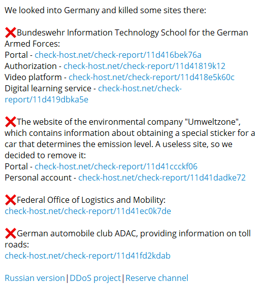 NoName claims to have targeted multiple German websites.

- Bundeswehr
- umwelt-plakette[.]de
- green-zones[.]eu
- Federal Office for Logistics and Mobility
- ADAC

#Germany 
#noname #ddos #ddosattack #cyberattack