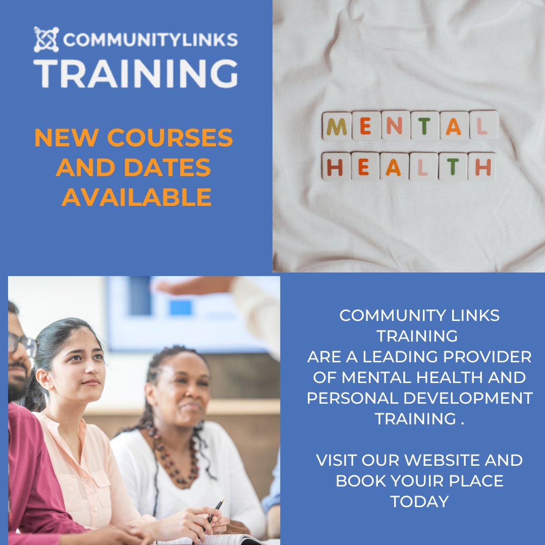 Book your next mental health or personal development training today. Visit ow.ly/Oc4r50PNaHb to view our Leeds-based and online courses. 
#CommunityLinksTraining  #MentalHealthTraining #TrainingOpportunities #LeedsCourses