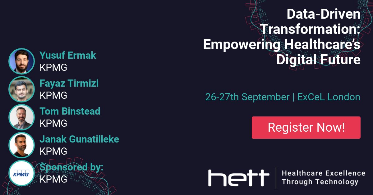 HETTShow's tweet photo. 📢 #HETT23 session: 'Data-Driven Transformation: Empowering Healthcare’s Digital Future', sponsored by @KPMG. This session will be joined by @BinsteadTom, @jgunatilleke, Sean Hession &amp; Adam Whiting. Register for your FREE pass to HETT Show, 26-27th Sept
➡️ https://t.co/RoJXsxV2dw https://t.co/wpV08vuRO2