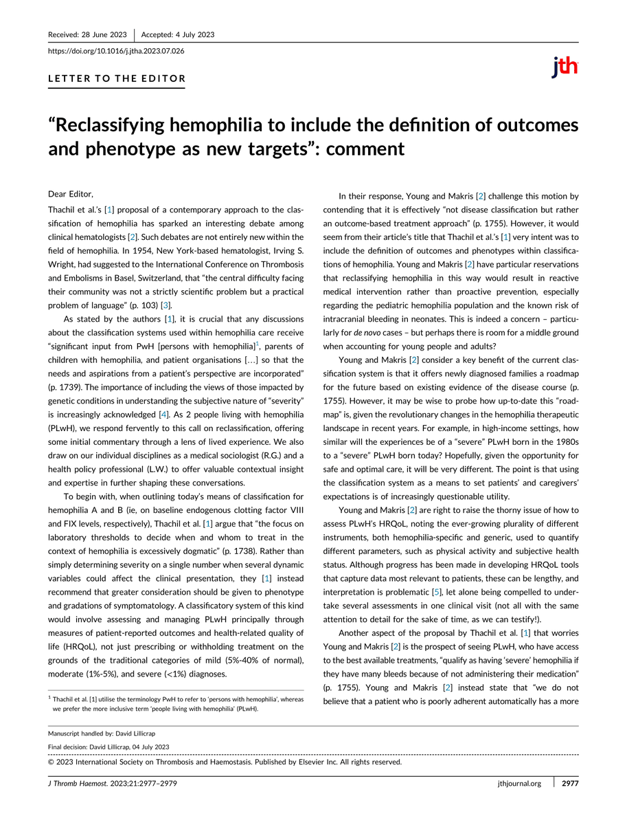 SustainableRich's tweet image. Recently, Thachil &amp;amp; colleagues published in @JTHjournal arguing for a reclassification of #hemophilia. @ProfMakris &amp;amp; @GuyYoungMD responded. And now so have @TheWoollard and I. We believe it's vital such discussions involve people living with #haemophilia: authors.elsevier.com/a/1ho005TuFxF4…