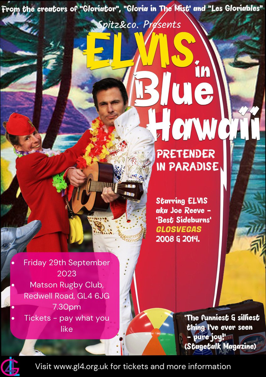 GL4 CIC (@gl4_cic) on Twitter photo Only 1 week to go until Elvis comes to Gloucester!
- Friday 29th September
- Matson Rugby Club, Redwell Road, GL4 6JG
- 7.30pm
- pay what you like
Book tickets here 👉gl4.org.uk/elvis-in-blue-…
@strike_a_light
<a href="/Redwellcentre/">The Redwell Centre home of Together in Matson</a>
<a href="/spitzandco/">Spitz & Co</a> Only 1 week to go until Elvis comes to Gloucester!
- Friday 29th September
- Matson Rugby Club, Redwell Road, GL4 6JG
- 7.30pm
- pay what you like
Book tickets here 👉gl4.org.uk/elvis-in-blue-…
@strike_a_light
<a href="/Redwellcentre/">The Redwell Centre home of Together in Matson</a>
<a href="/spitzandco/">Spitz & Co</a>