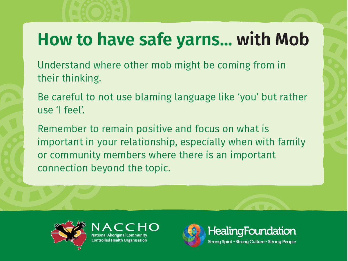How do you have safe yarns with people about The Voice referendum? Consider each case. Do you feel safe, comfortable? Is it the right time to be part of hard yarns? Step away if the yarn becomes heated or hurtful. @NACCHOAustralia @HealingOurWay