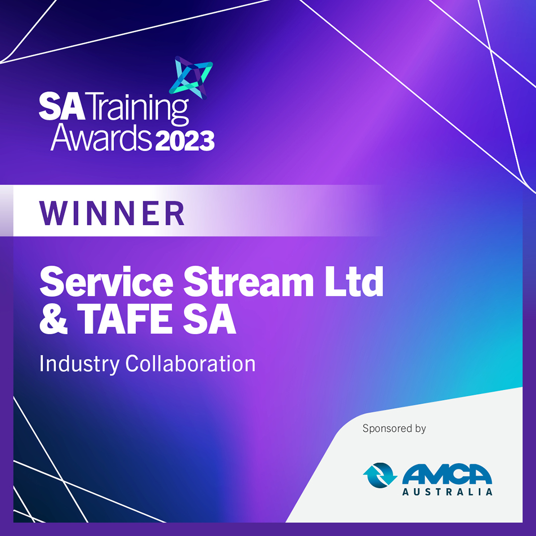 Congratulations to Service Stream Ltd and <a href="/tafesa/">TAFE SA</a> – winners of the 2023 SA Training Awards Industry Collaboration category! 🏆

Sponsored by <a href="/AMCA_Australia/">AMCA</a> 

#SATrainingAwards