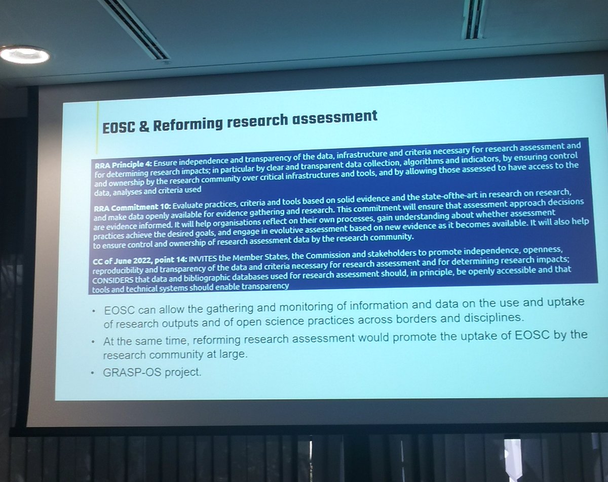 '#ReformingRA will support the uptake of #EOSC by the research community' @MichaelArentoft
More on #GraspOS and @OpusEu projects later on in the panel discussion. 

@CoARAssessment @OpenAIRE_eu #eoscsymposium2023