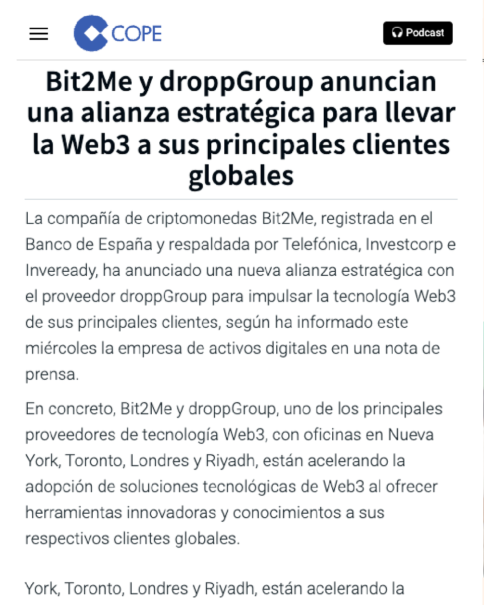 bit2me's tweet photo. 🗞️ ¡Muchas gracias por la gran acogida de nuestra noticia!

Ayer anunciamos la firma de un acuerdo con @droppgroup  y muchos han sido los medios nacionales e internacionales que la han difundido. 

Lee más aquí: https://t.co/HCaJ2D48z4 https://t.co/5sViEnxQ72