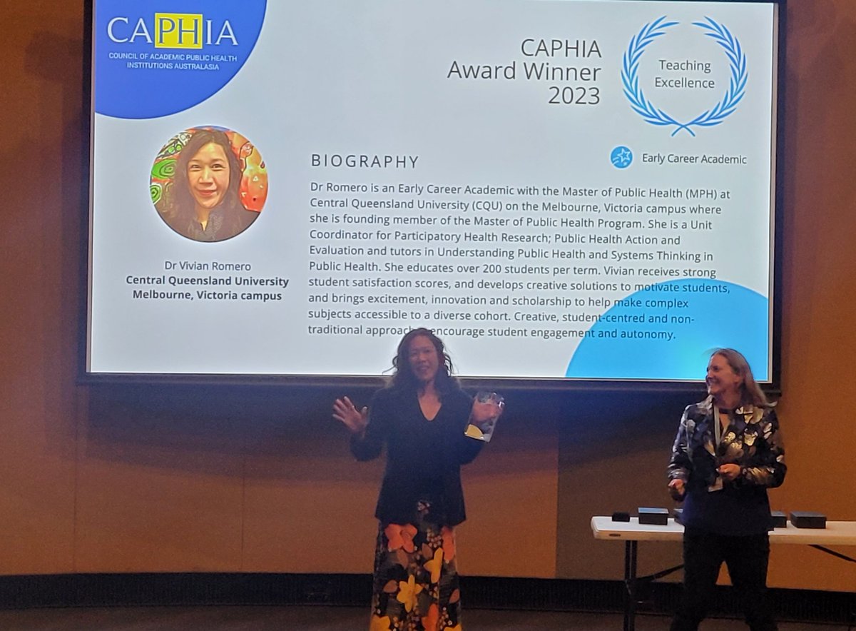 drkarenaburke's tweet photo. Huge congrats @CQUpublichealth's Vivian Romero for being awared the @CAPHIA1 Public Health Early Career Teaching Excellence Award!! Very well deserved!! @CQUni_HMAS @CQU https://t.co/FwT7J5nNj9