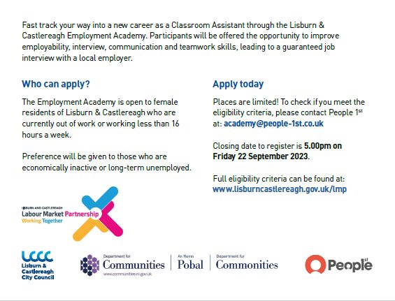 people1stni's tweet image. Applications close tomorrow 5pm for our latest Classroom Assistant Academy with @lisburnccc Find out more 👉🏼 people-1st.co.uk/new-classroom-… 
#lisburn #lisburncastlereagh #classroomassistant #freecourse #fullyfunded #Careers #newjob