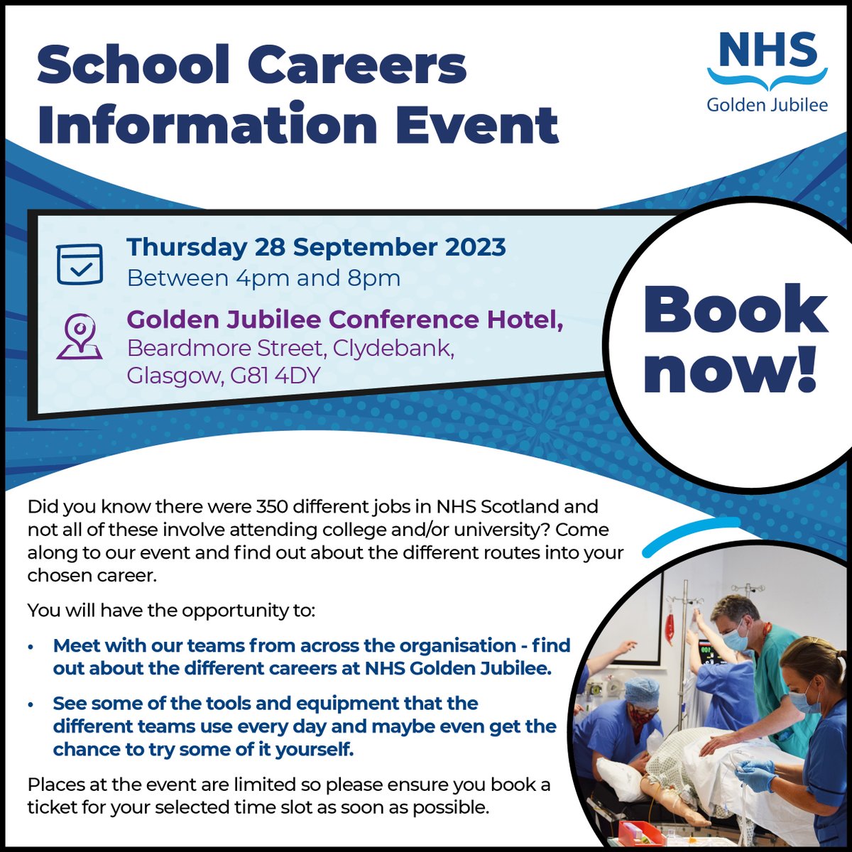 JubileeHospital's tweet image. Only 1 week to go. Spaces filling up, book now!
Senior Phase School Careers Information Event for schools - find out about different routes into your chosen career from health professionals who make a difference every day.
Book your space 👉 eventbrite.com/e/nhs-golden-j…
