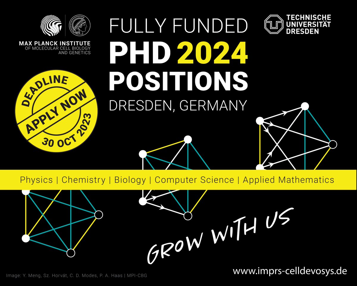 Grow with us!!🌱Applications very welcome for a fully-funded #PhD in #Physics #Biology #Chemistry #Computerscience and #Appliedmathematics with our fantastic faculty from @mpicbg @csbdresden @mpi_pks! Check out our website to get to know us, and our partner programme @digsbb 👯