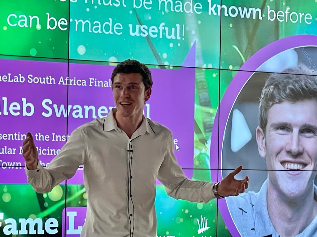 JiveMediaAfrica's tweet photo. Now it’s time for Caleb Swanepoel from @UCT_News
His bold delivery style shows the seriousness of antibiotic resistance before telling the audience how his promising phage therapy research aims to tackles this important problem head on 🦠💊
#FameLabSA #FameLabSA2023 https://t.co/0v7l1mVg1s