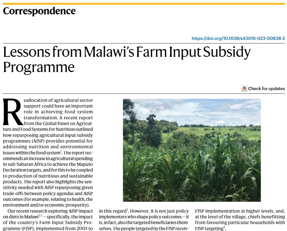 helenwalls's tweet photo. 🔥 New article with @Miry58n on the caution/sensitivity needed with repurposing agricultural input subsidies to achieve health &amp; environmental goals, published with @SpringerNature in @NatureFoodJnl. Draws on study findings of Malawi's #FISP 🇲🇼

Link here: https://t.co/j665GeXKDd https://t.co/MnLy5hakY5