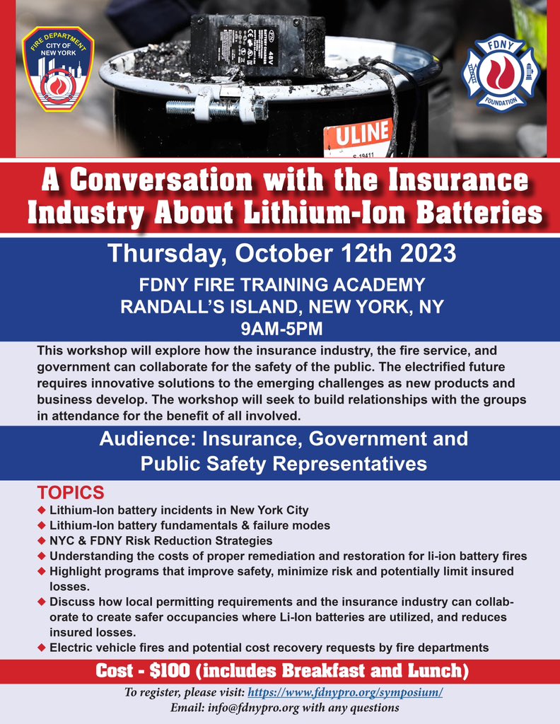 FDNYFoundation's tweet image. On Thursday, October 12, the FDNY Foundation and @FDNY will be hosting: A Conversation with the Insurance Industry About Lithium-Ion Batteries. This workshop will explore how the insurance industry, the fire service, and government can collaborate for the safety of the public.