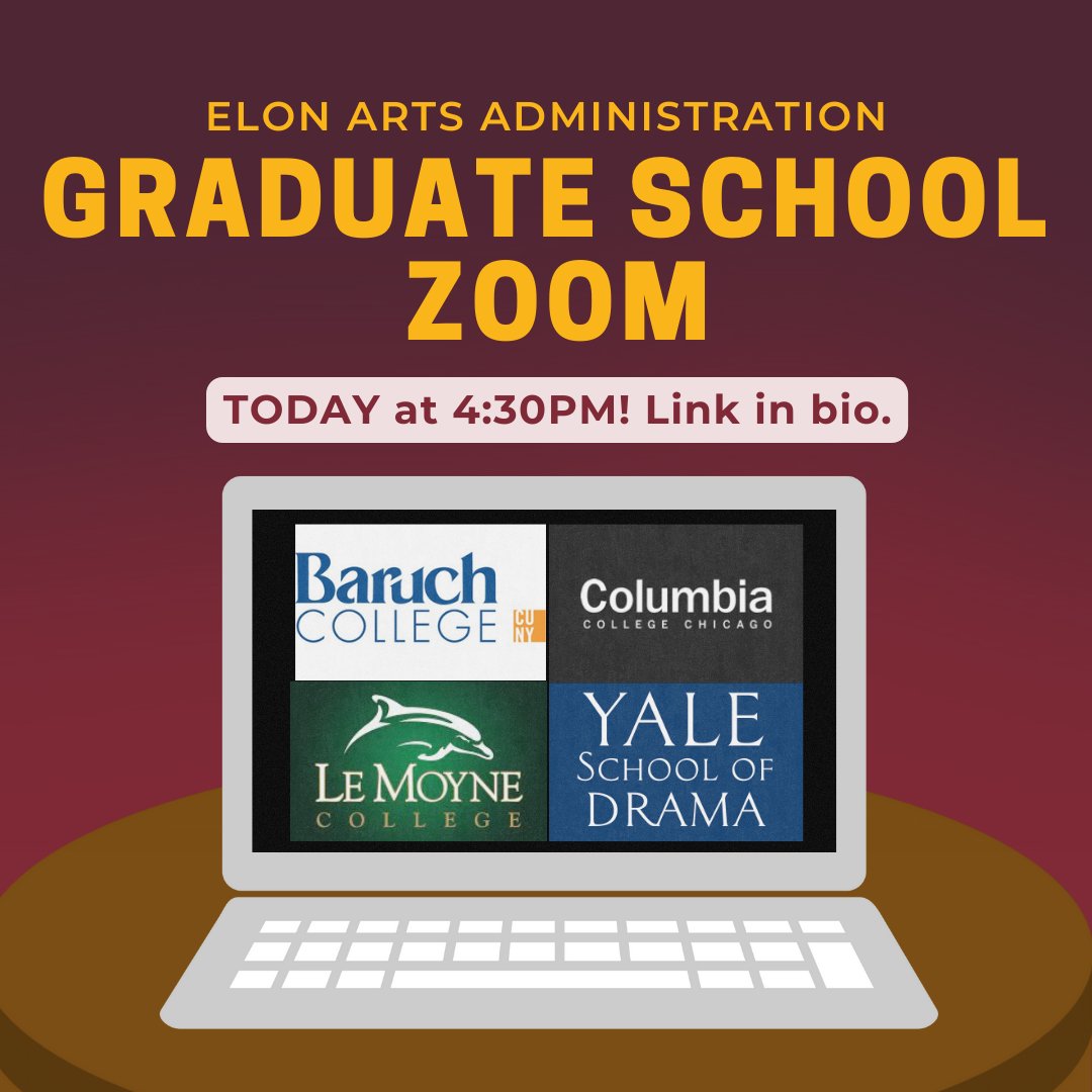 Today's the day! These colleges cannot wait to connect with you over Zoom. Tune in for helpful information about Arts Administration master's programs!

#ElonArtsAdmin #ArtsAdministration
<a href="/eloncareers/">Elizabeth Draper</a>