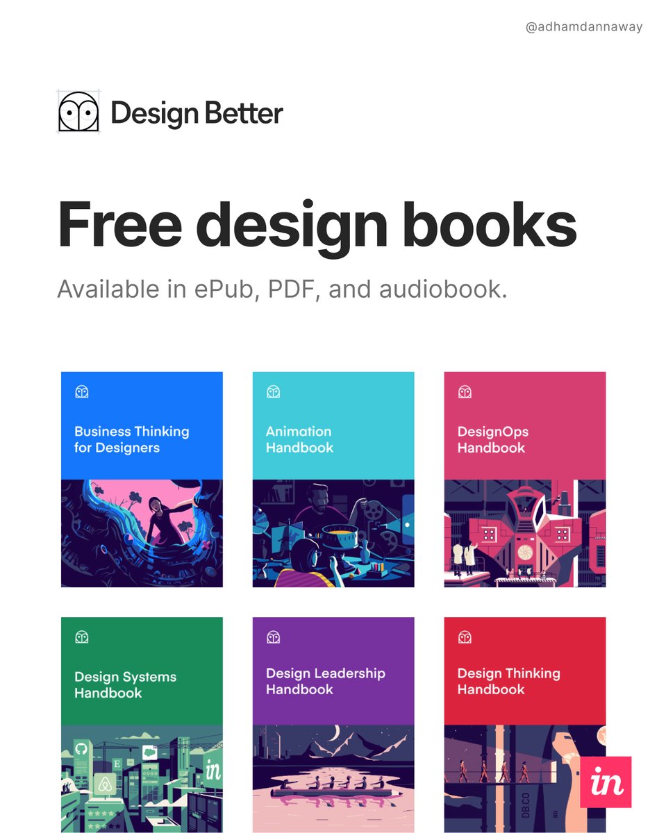 AdhamDannaway's tweet photo. 📚 Free design books

📕 Principles of product design
📗 Design thinking
📘 Design systems
📙 DesignOps
📓 Business Thinking
📒 Animation

Link below 👇

#design #ux #uxui #uxdesign #designbooks https://t.co/m2k1yF3C4T