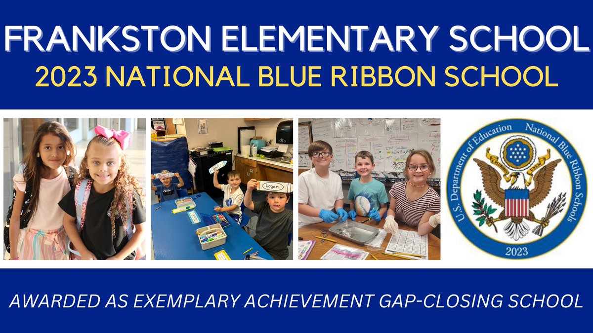 Congratulations to Frankston Elementary on their well-deserved recognition as a 2023 National Blue Ribbon School! The first one in Frankston ISD history. This incredible achievement is a testament to the unwavering commitment and hard work of the exceptional students and staff.