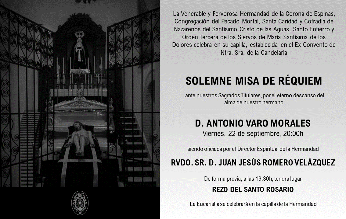 dolores_puebla's tweet photo. ⚫ MISA DE RÉQUIEM. Misa de Réquiem por el eterno descanso del alma de nuestro hermano D. Antonio Varo Morales. https://t.co/fxUDclavXN