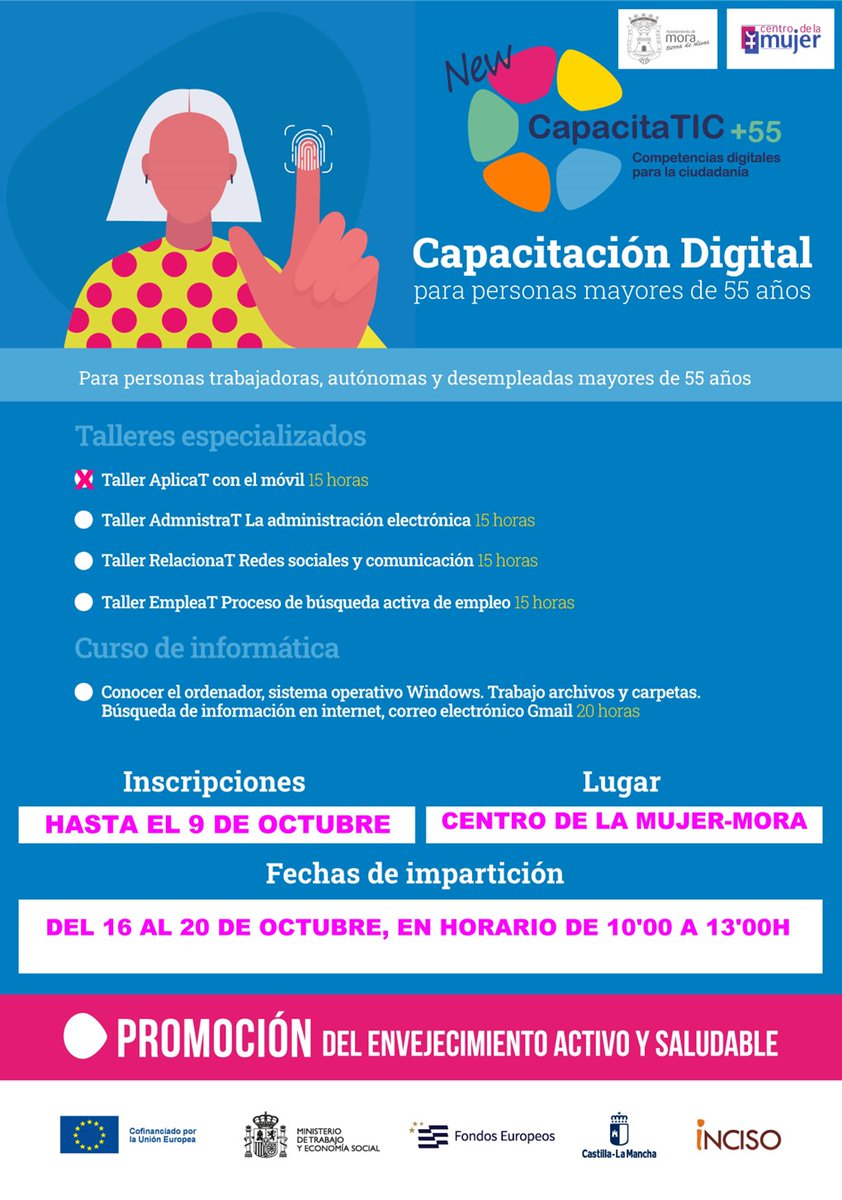 #CapacitaTic +55 AÑOS
𝗗𝗲𝗹 𝟭𝟲 𝗮 𝟮𝟬 𝗢𝗖𝗧 taller GRATUITO para personas trabajadoras, desempleadas o autónomas +55 "𝗔𝗣𝗟𝗜𝗖𝗔𝗧𝗘 𝗰𝗼𝗻 𝗲𝗹 𝗺𝗼́𝘃𝗶𝗹"
Más INFO 𝗲𝗻 #𝗖𝗲𝗻𝘁𝗿𝗼𝗠𝘂𝗷𝗲𝗿𝗠𝗼𝗿𝗮 𝗵𝗮𝘀𝘁𝗮 𝟴 OCT
📞925301486

#Mora #formacion #capacitacionDigital