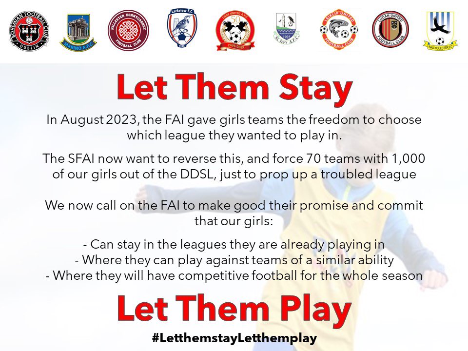 #letthemstayletthemplay

<a href="/BallyoulsterAfc/">Ballyoulster United AFC</a>
<a href="/lucanunited/">Lucan United FC</a>
<a href="/bohemiangirlsfc/">Bohemian FC WNL</a>
@stitasafc
@leixlipunited
@luskutd
<a href="/KillesterDonny/">Killester Donnycarney FC</a>
<a href="/afc_marino/">Marino AFC Girls</a>
@larkviewfc
@FaIreland
<a href="/SFAIreland/">SFAI</a>
@ndsleague
<a href="/DDSL_Official/">DDSL Grassroots</a>
@faiwomen