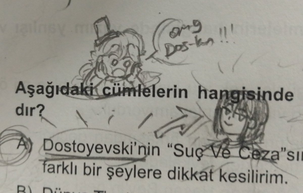 b_HaNn53's tweet photo. Bugün edebiyat dersinde hocanın verdiği testte Dostoyevski'nin ismi geçiyordu bence bu evren tarafından bir BSD fanı olarak bana gönderilmiş bir mesaj olmalı bu da demek oluyor ki Fyodor hayatta ve yaşıyor 🫶🫶 https://t.co/GU3Q5pb0sK