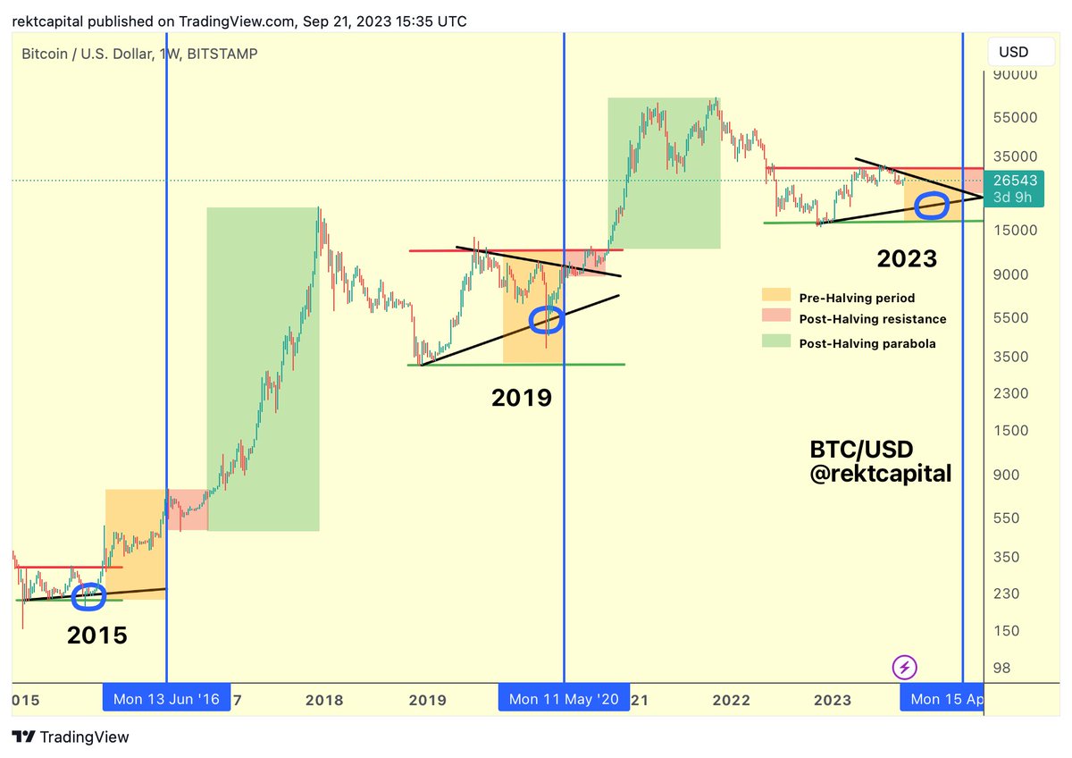 BTC 2015 2019 And maybe even 2023? Bitcoin has a history of revisiting the  Macro Higher Low (blue circle) in its Pre-Halving period $BTC #Crypto # Bitcoin