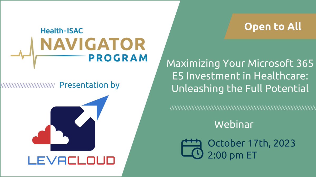 HealthISAC's tweet photo. Maximizing Your Microsoft 365 E5 Investment in Healthcare: Unleashing the Full Potential webinar by @levacloud on Tuesday, October 17th at 2 PM ET. #heathcareit #healthcarecybersecurity #MSFTSecurity https://t.co/uoqL72PjmJ https://t.co/7cSQJj52WE